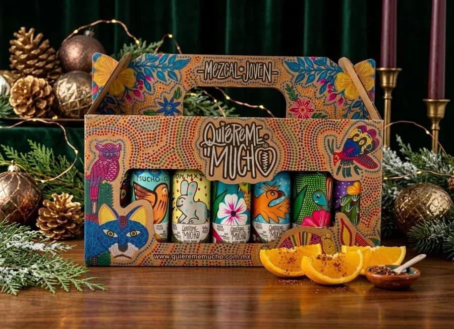 Estuche Caja Apapacho Mezcalero: Un recorrido de sabor con 7 miniaturas (50 ml) de diversos agaves: Espadín, Tobalá, Cuishe, Arroqueño y Jabalí, presentados en una hermosa caja impresa.