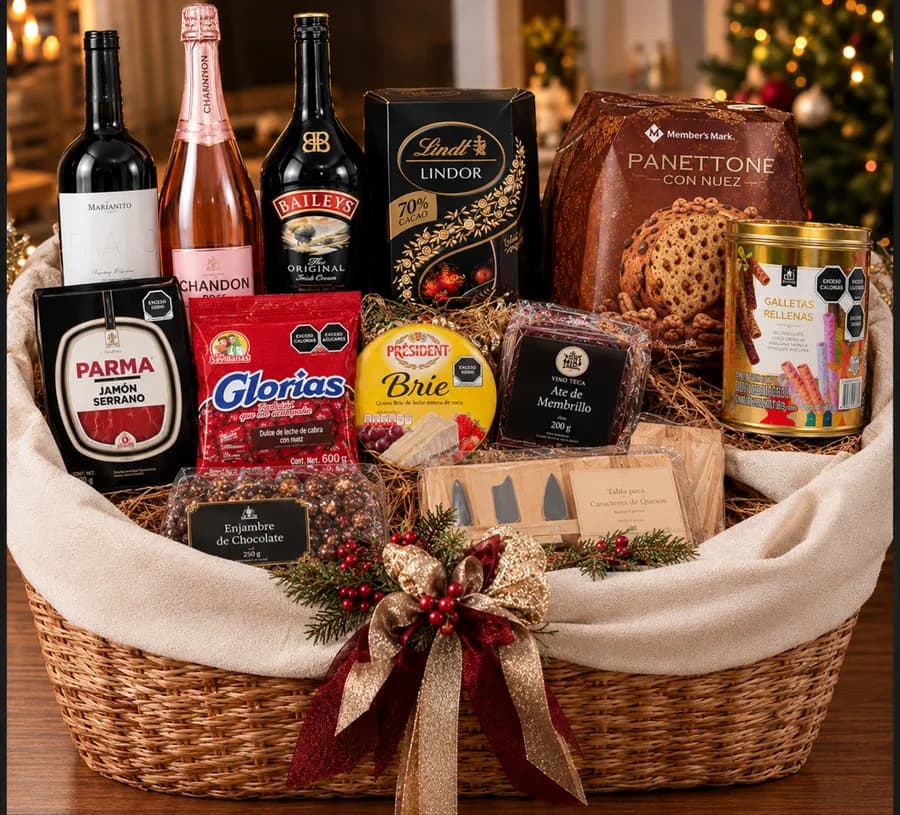 Canasta Dulces Momentos: Vino tinto, Chandon Rosé y Baileys con jamón Parma, queso Brie, panettone, glorias, chocolates y tabla para charcutería.