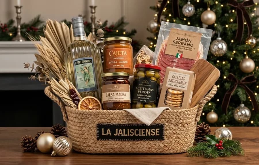Canasta La Jalisciense: Todo el sabor de occidente. Tequila Centenario Plata, cajeta de Sayula, salsa macha artesanal, galletas, jamón serrano, aceitunas y una elegante tabla de madera de parota.